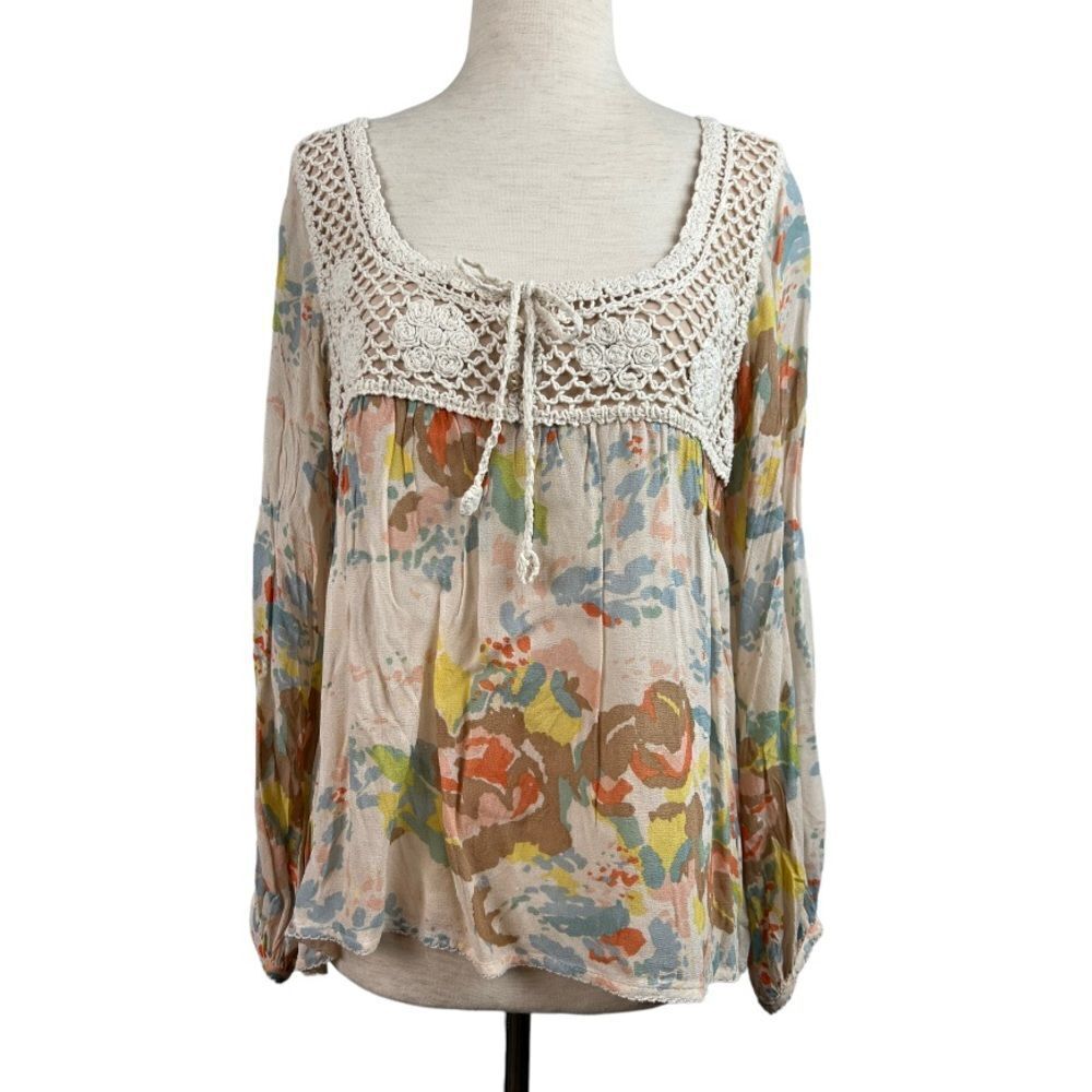 Sanctuary Boho Floral Print Crepe & Crochet Peasant Top Cream Size XS